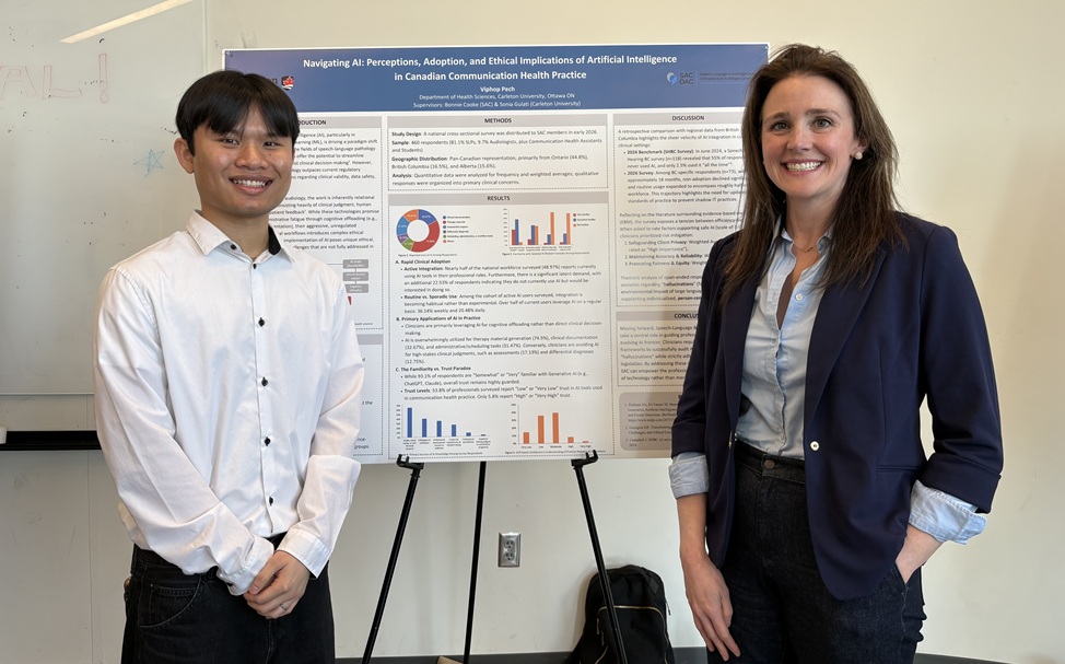 The student stands with SAC Director, Audiology, in front of a poster of the project.